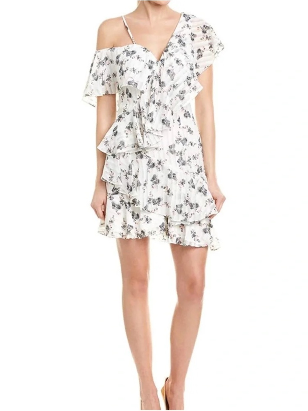 Elliatt White One-Shoulder Ruffle Mini Dress with Black Floral Print